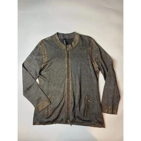 Berek Fancy Black Gold Embellished Jeweled Zip Jacket Cardigan Bedazzled XL - Picture 1 of 6